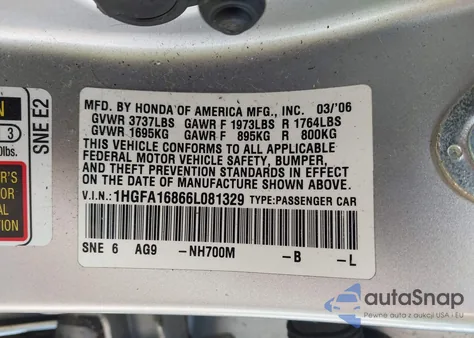 2006 Honda Civic Ex from USA, damaged, VIN 1HGFA16866L081329